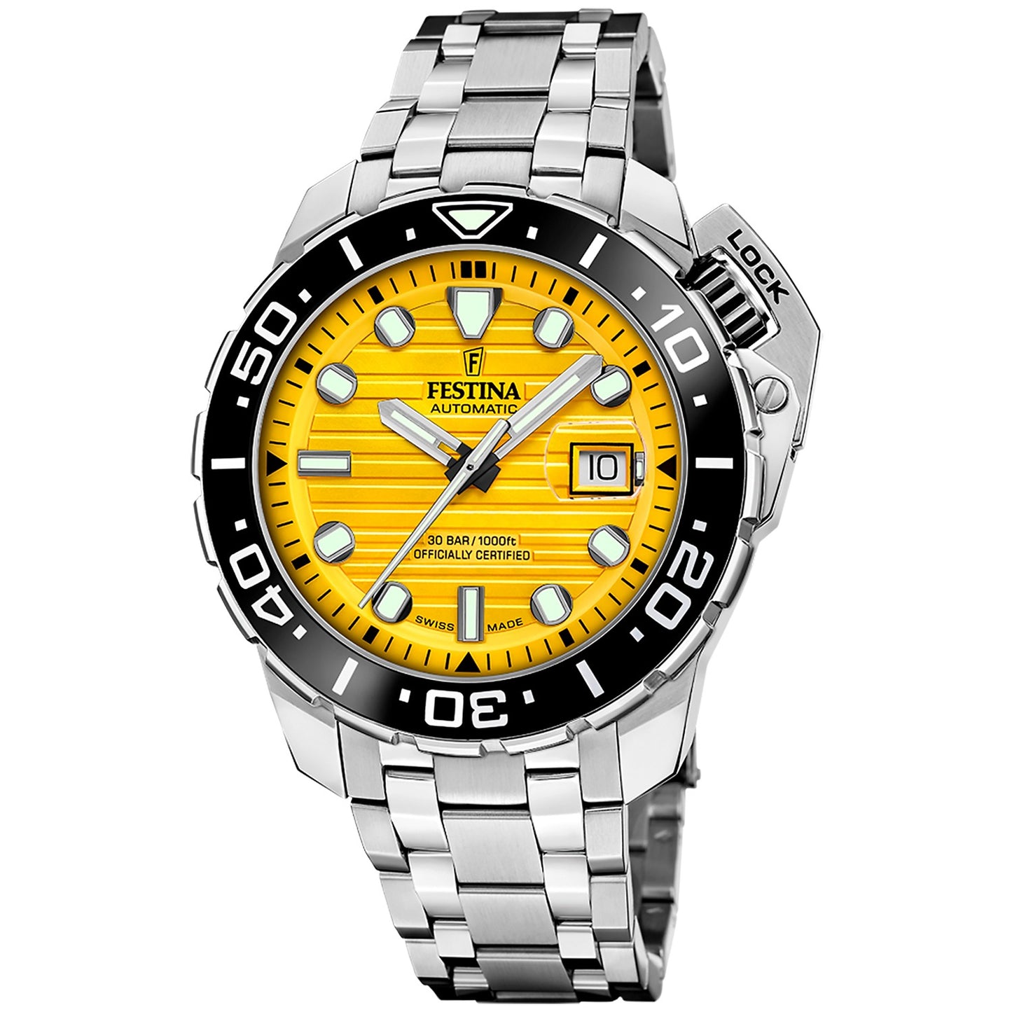 Herrenuhr mit orangefarbenem Zifferblatt, silbernem Metallarmband und schwarzer Lünette