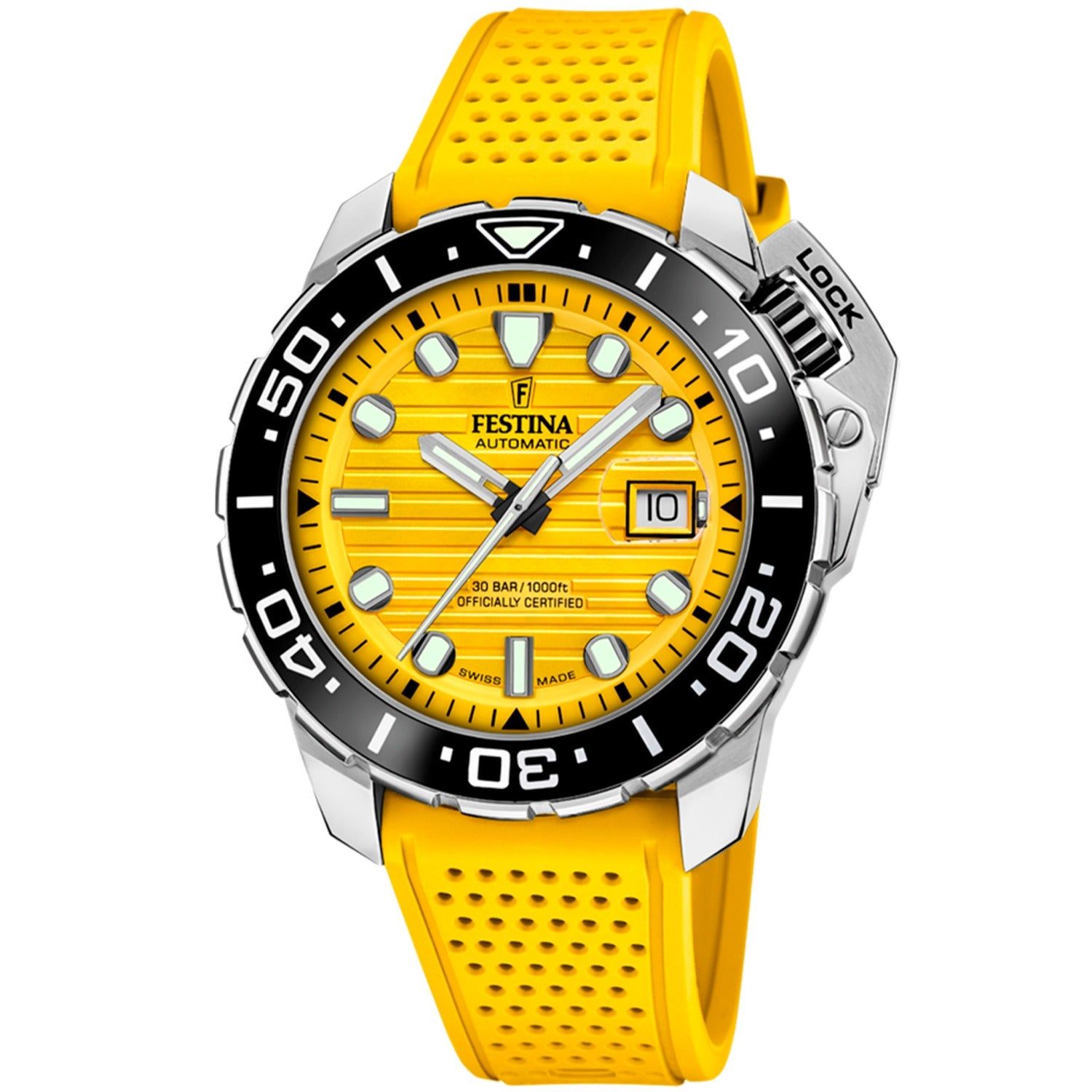 Herrenuhr mit orangefarbenem Zifferblatt, gelbem Silikonarmband und schwarzer Lünette