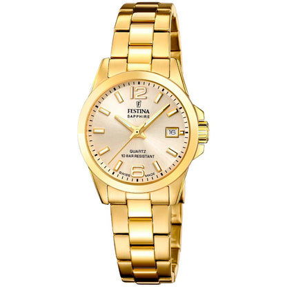 Festina Damen-Armbanduhr goldfarben mit Saphirglas, weißem Zifferblatt und Datumsanzeige