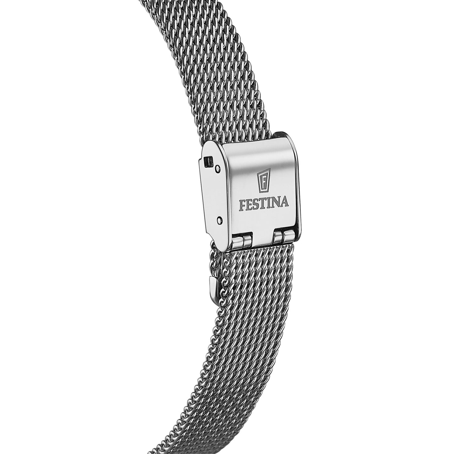 Damenuhr-Armbandverschluss mit silbernem Meshband und silbernem Gehäuse mit FESTINA-Logo
