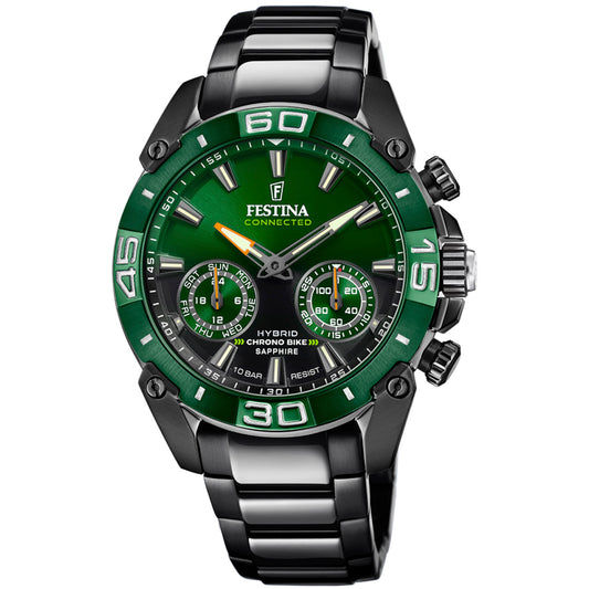 Męski zegarek na rękę z zieloną tarczą, czarną bransoletą ze stali szlachetnej i szafirowym szkłem