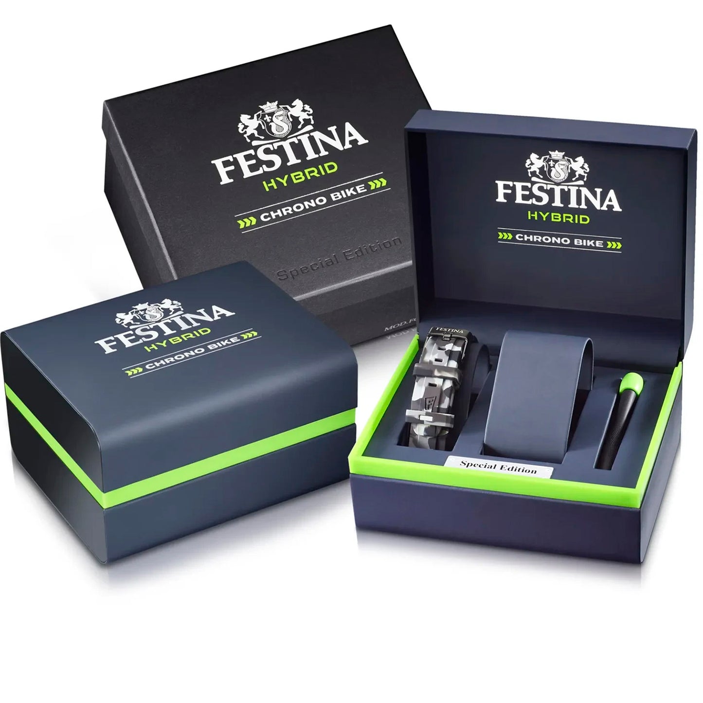 Festina Hybrid Bike Chrono Verpackungsbox und Uhr-Etui, blau-grün mit Logo
