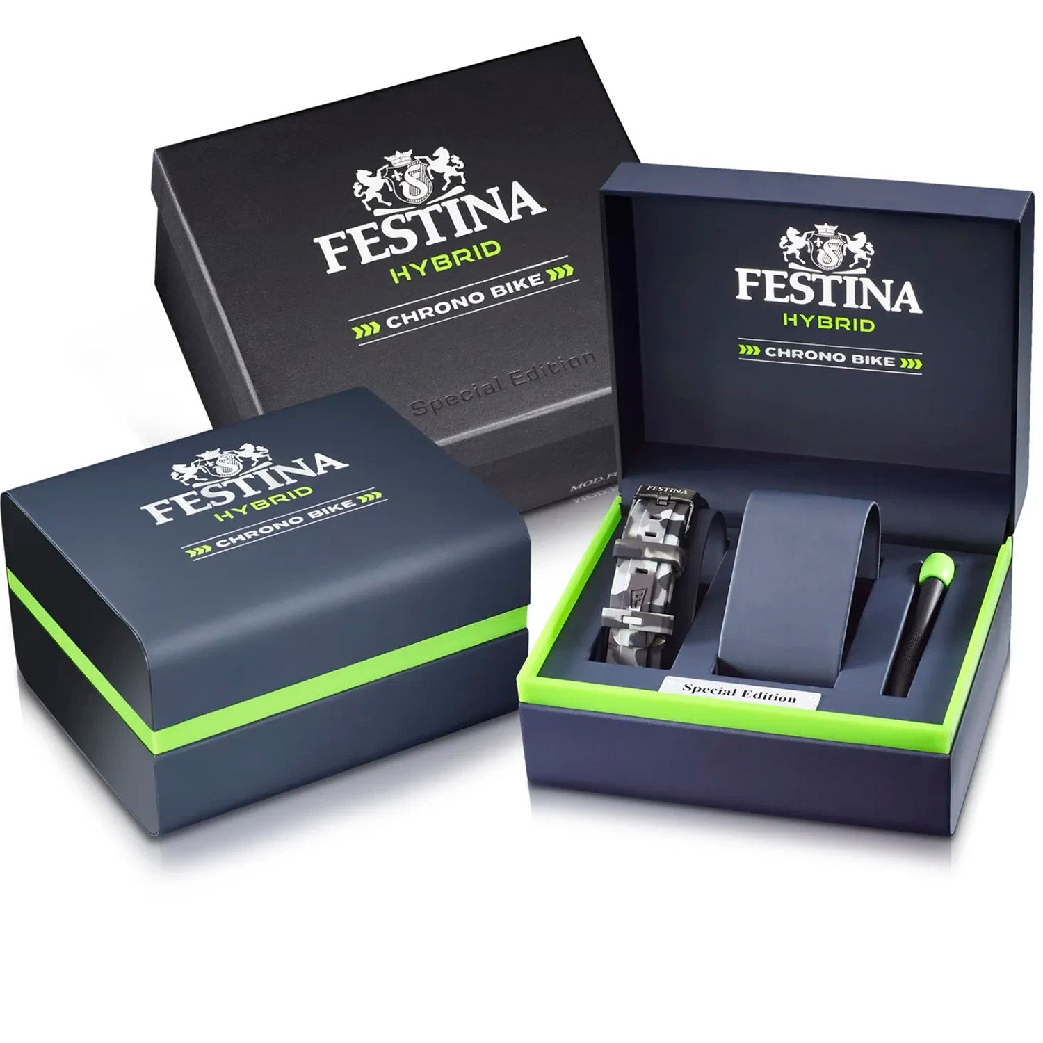 Festina Hybrid Bike Chrono Verpackungsbox und Uhr-Etui, blau-grün mit Logo