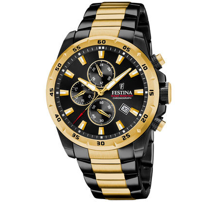 Herren-Chronograph mit schwarzem Zifferblatt und gold-schwarzfarbenem Edelstahlarmband
