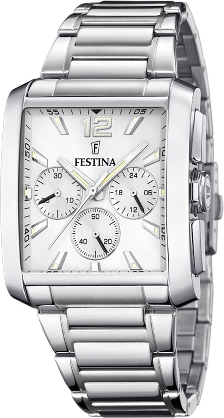 Montre pour homme en acier inoxydable avec boîtier rectangulaire, bracelet argenté et cadran blanc