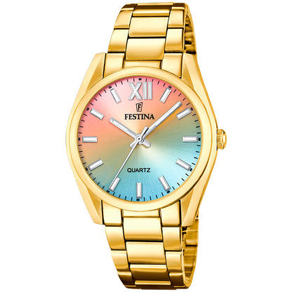 Goldfarbene Damenarmbanduhr mit Metallband, Quarzwerk und mehrfarbigem Zifferblatt
