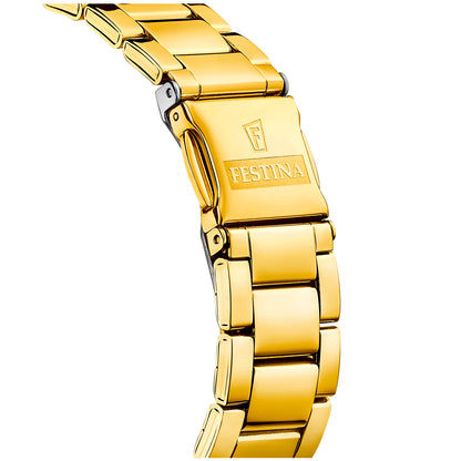 Goldfarbener Uhrenverschluss mit eingraviertem FESTINA auf dem Metallarmband