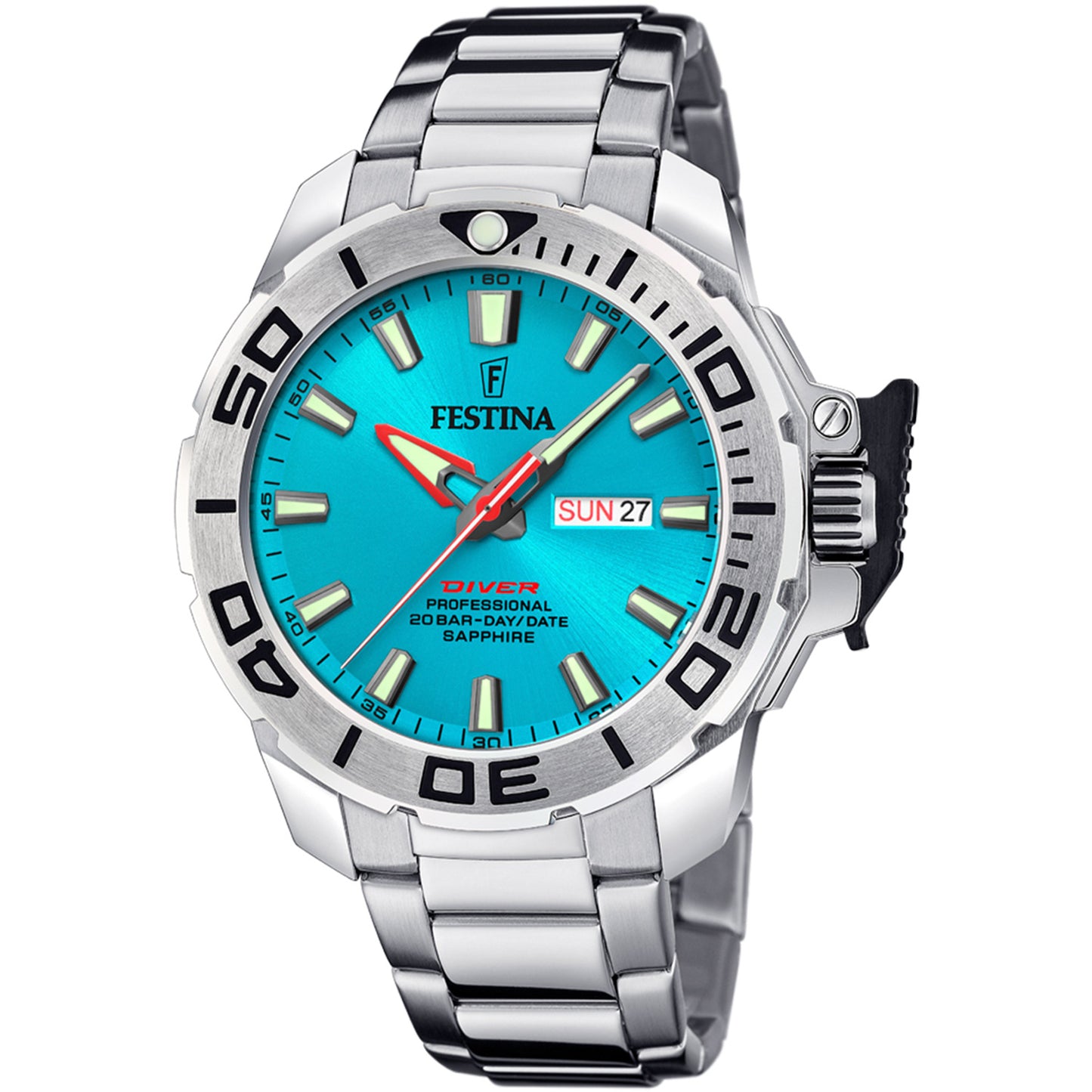 Festina Herrenuhr Diver: türkisfarbenes Zifferblatt, schwarze Lünette, Stahlband