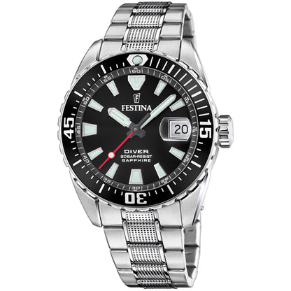 Festina Taucheruhr mit silbernem Edelstahlband, schwarzem Zifferblatt und Datumsanzeige 20.