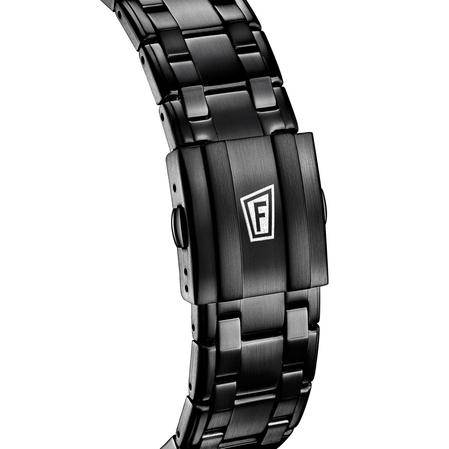 Festina Herrenuhr Armbandansicht: schwarzes Metallband mit F-Logo an der Schließe