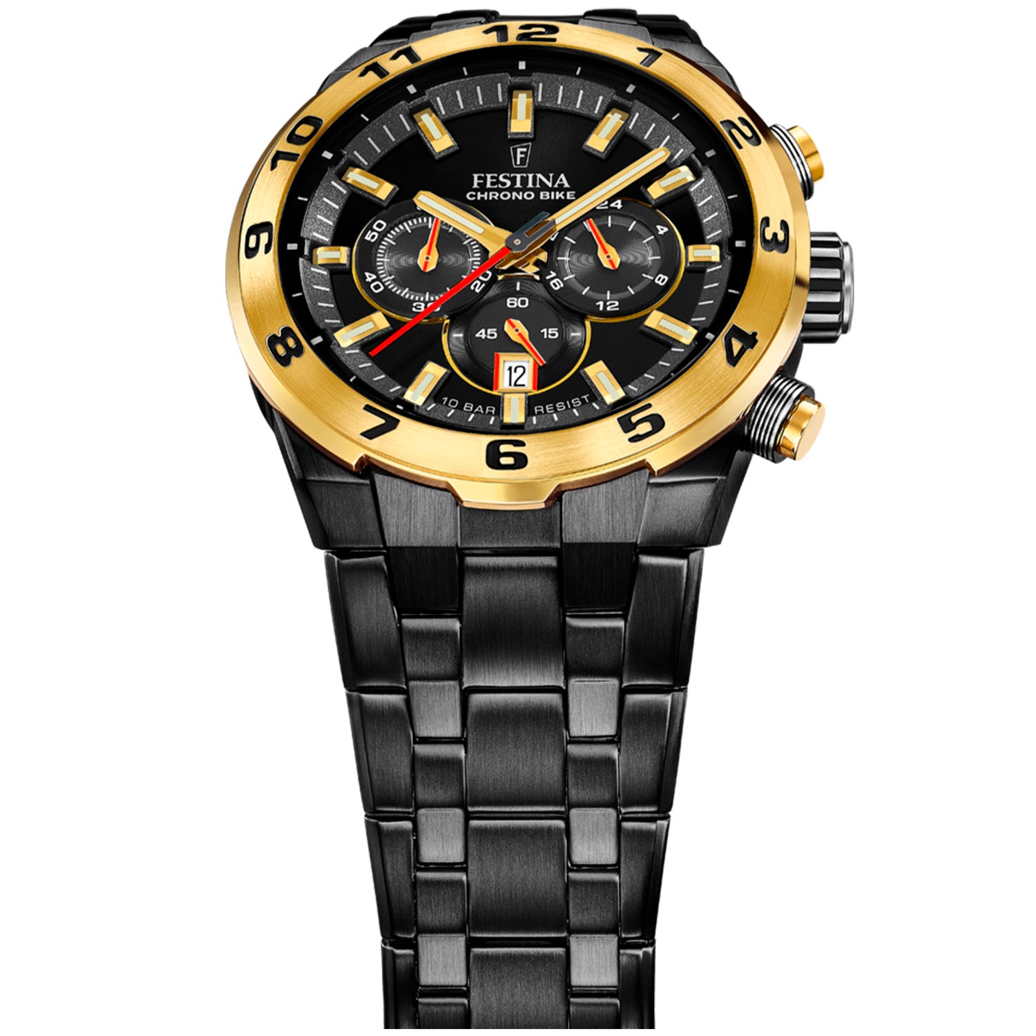 Chronographenarmbanduhr mit schwarzem Zifferblatt, roten Chrono-Zählern und goldener Lünette