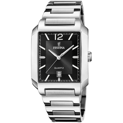Herrenarmbanduhr Festina mit schwarzem Zifferblatt, Datumsanzeige und Edelstahlgehäuse