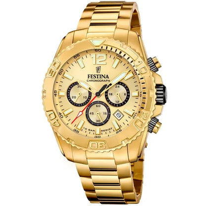 Festina Herren-Chronograph: goldfarbenes Metallband, beiges Zifferblatt, drei Subdials