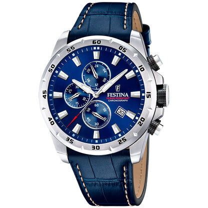 Festina Herrenuhr Chronograph: blaues Zifferblatt, silberfarbenes Gehäuse, Lederarmband
