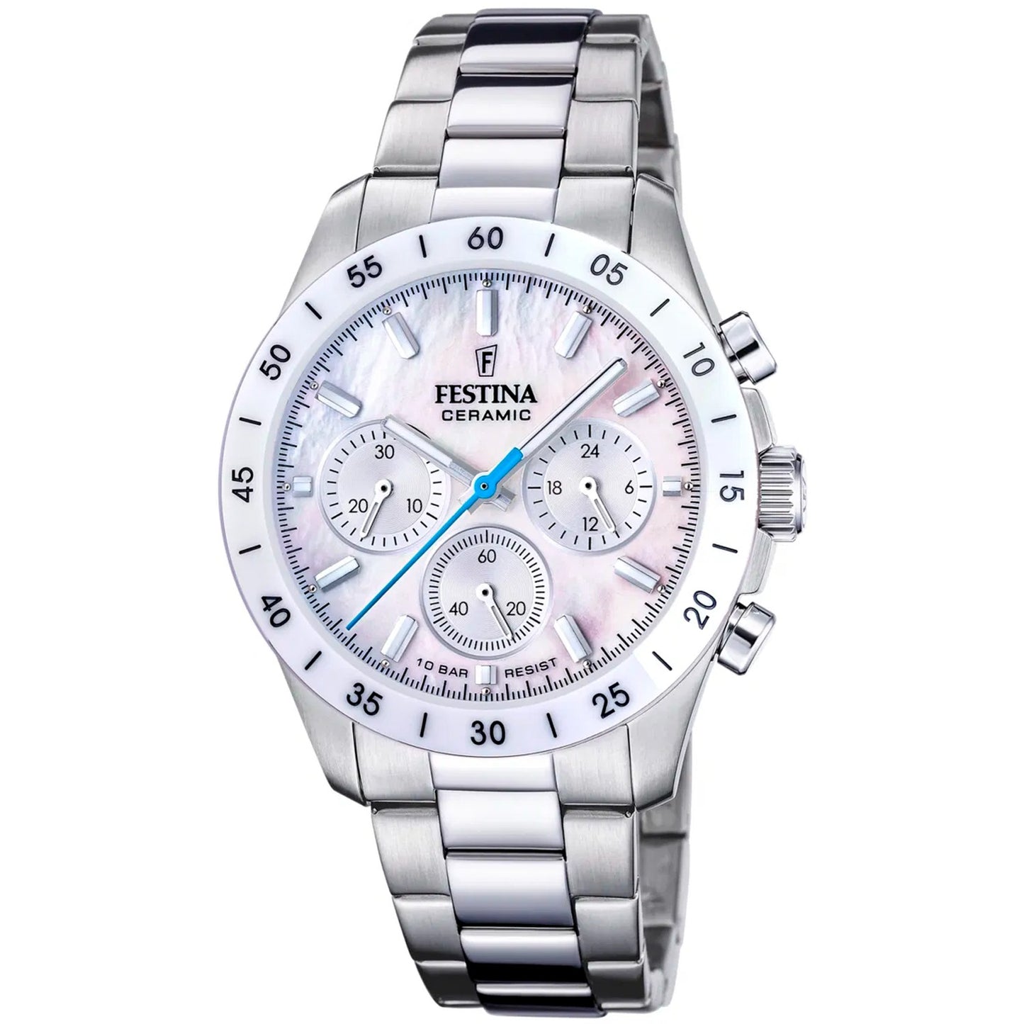 Unisex-Chronograph mit weißem Zifferblatt, Keramikgehäuse und Chrono-Subdials, Edelstahlband