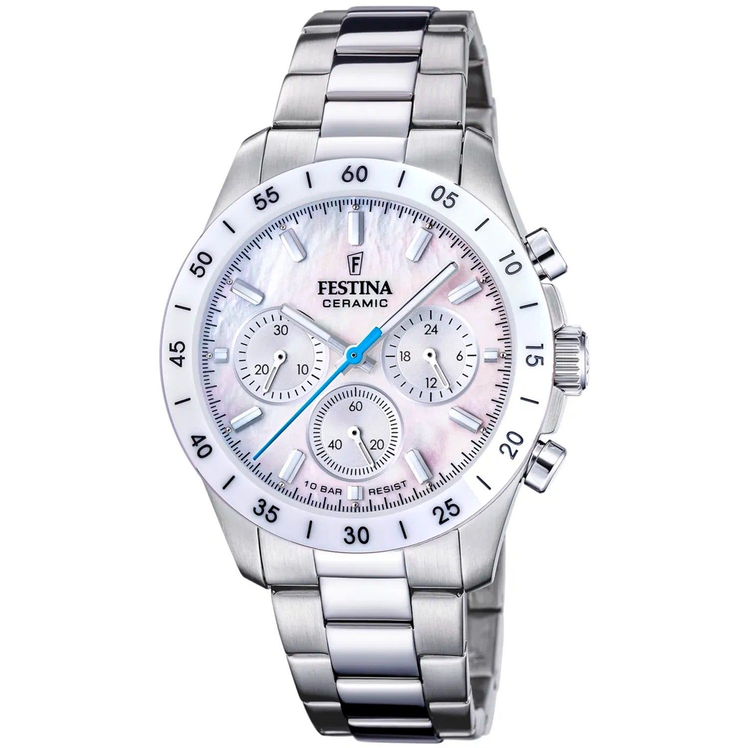 Unisex-Chronograph mit weißem Zifferblatt, Keramikgehäuse und Chrono-Subdials, Edelstahlband