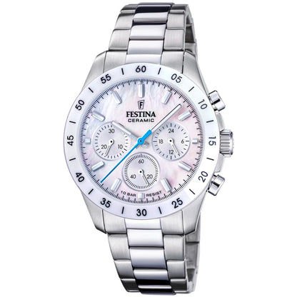 Unisex-Chronograph mit weißem Zifferblatt, Keramikgehäuse und Chrono-Subdials, Edelstahlband