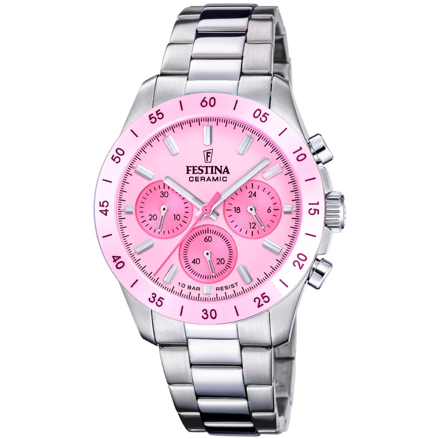 Unisex-Chronograph mit rosa Zifferblatt und drei Chronografenzählern, silbernes Armband