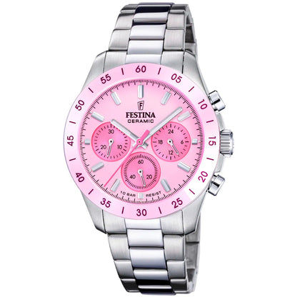 Unisex-Chronograph mit rosa Zifferblatt und drei Chronografenzählern, silbernes Armband