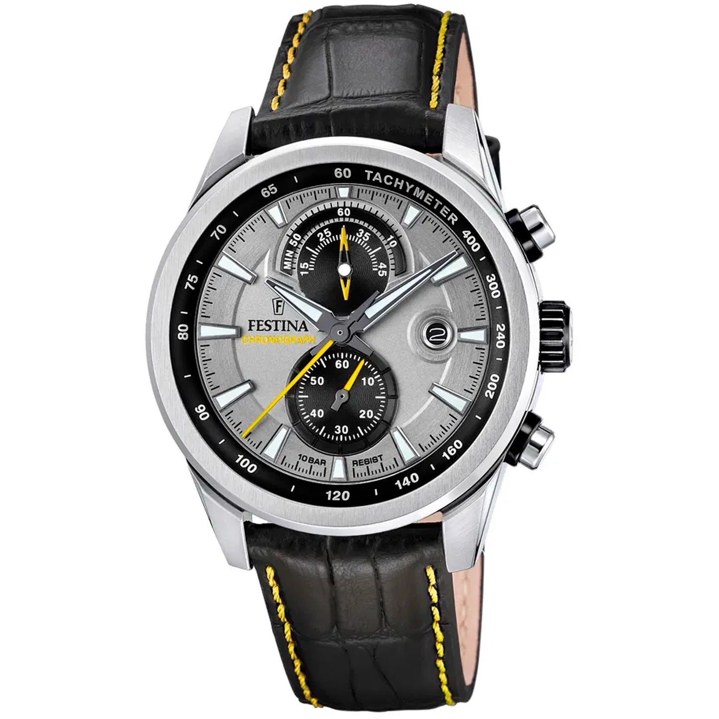 Herren-Chronograph: schwarzes Zifferblatt, gelbe Akzente, Stahlgehäuse, Lederarmband