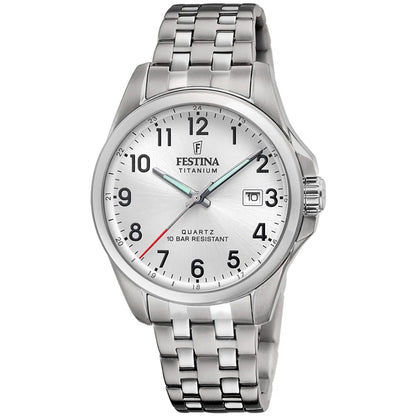 Herrenuhr von Festina mit Titangehäuse, weißem Zifferblatt und Metallarmband, Datum bei 3