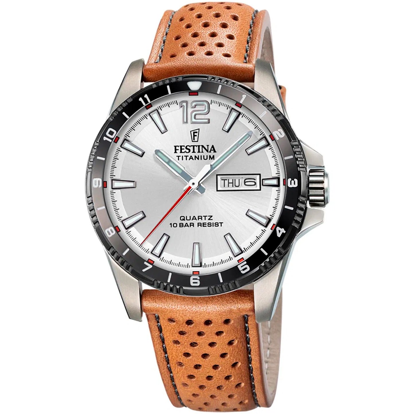 Festina Titan-Uhr mit silbernem Zifferblatt, schwarzer Lünette und braunem Lederband