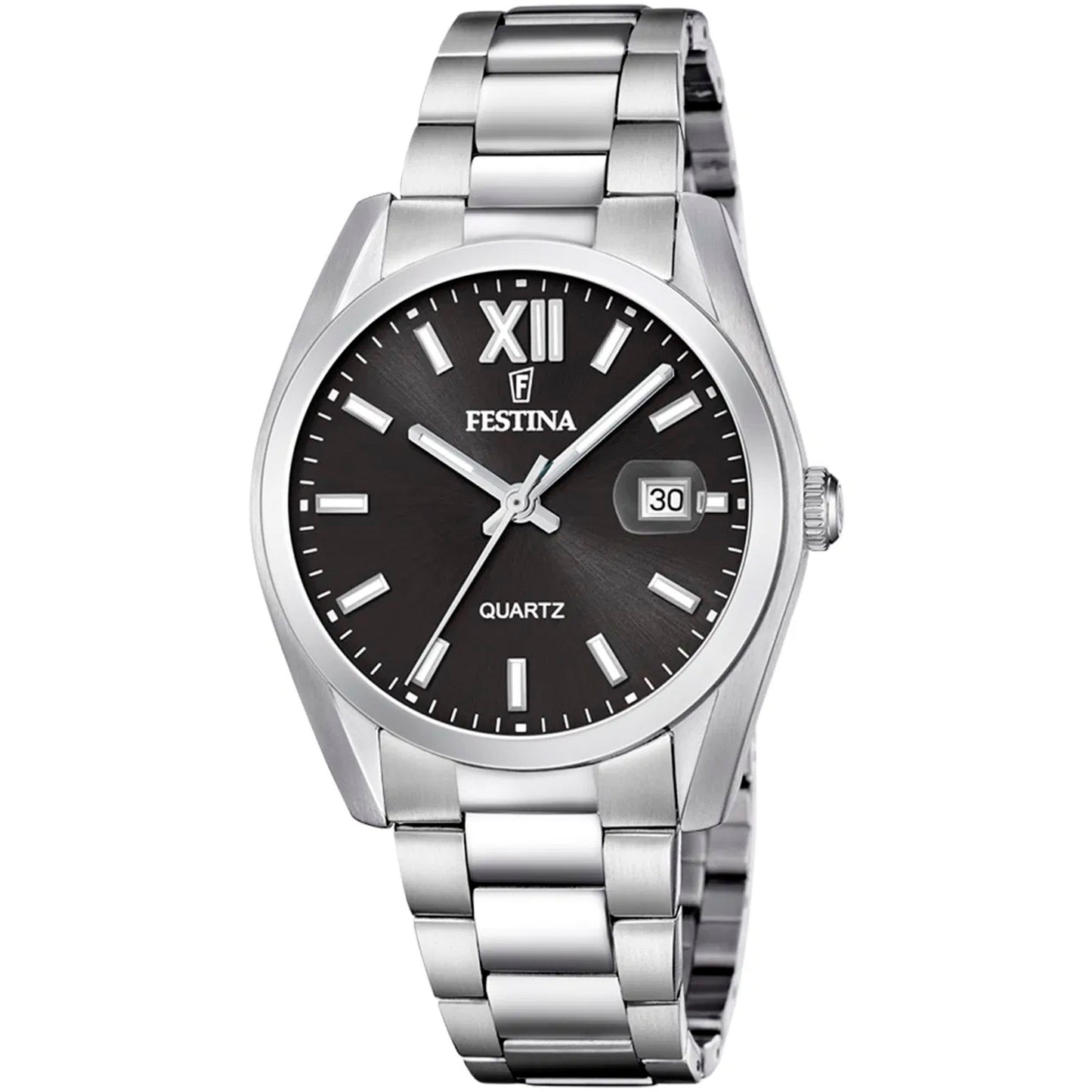 Festina Herrenuhr mit schwarzem Zifferblatt, Datumsfenster und Edelstahlband