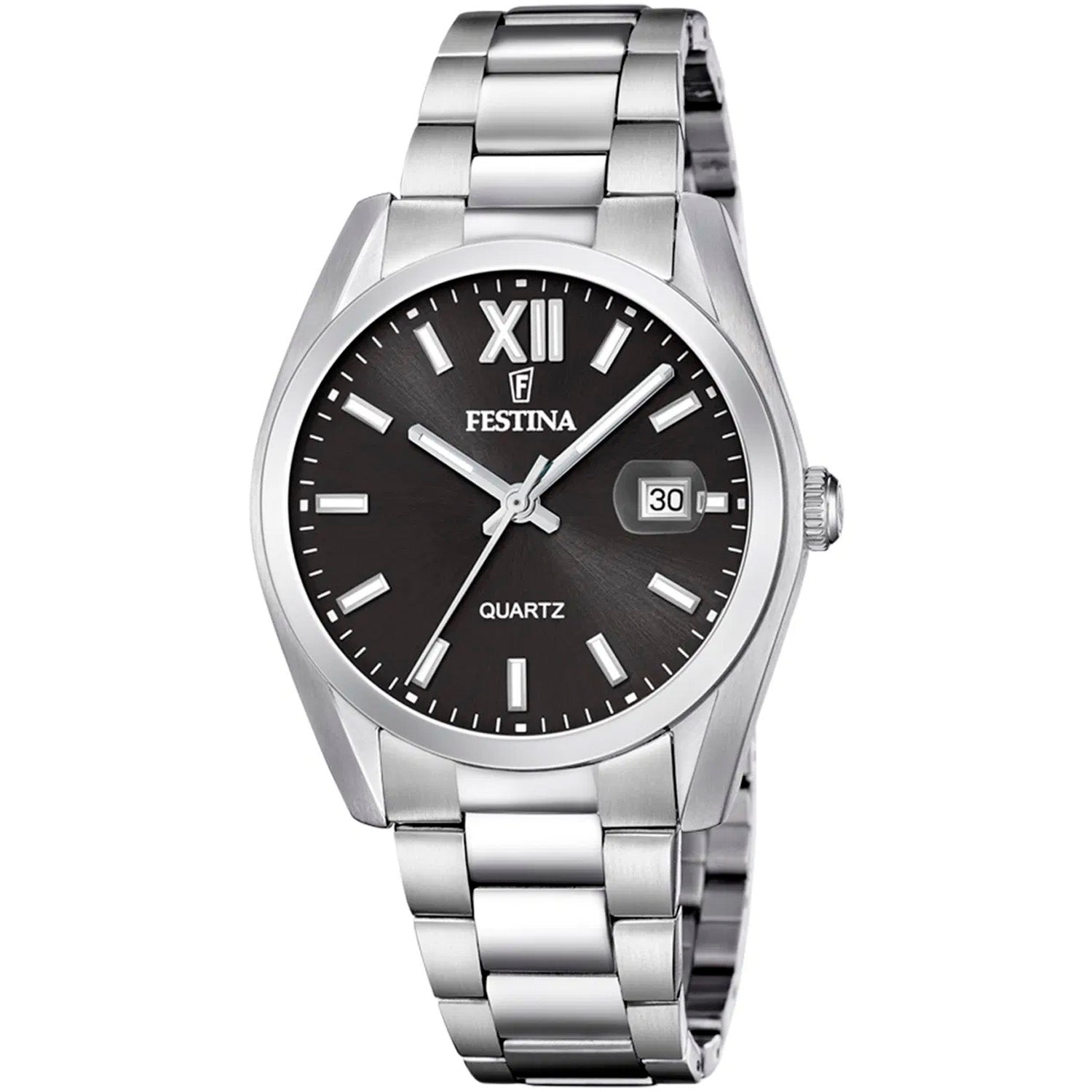 Festina Herrenuhr mit schwarzem Zifferblatt, Datumsfenster und Edelstahlband
