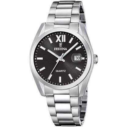 Festina Herrenuhr mit schwarzem Zifferblatt, Datumsfenster und Edelstahlband
