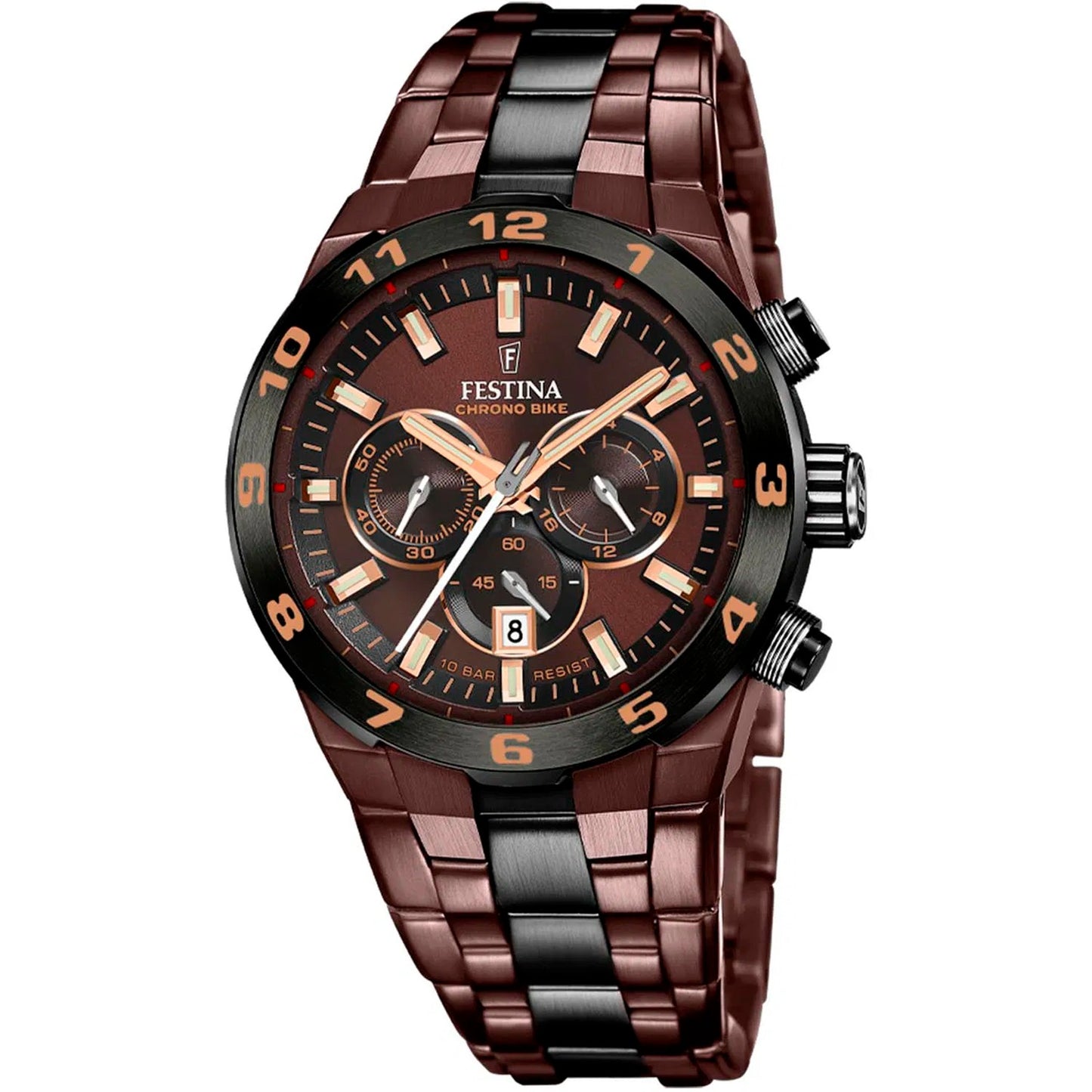 Festina Chronograph-Herrenuhr: braunes Zifferblatt, schwarze Akzente, Edelstahlarmband