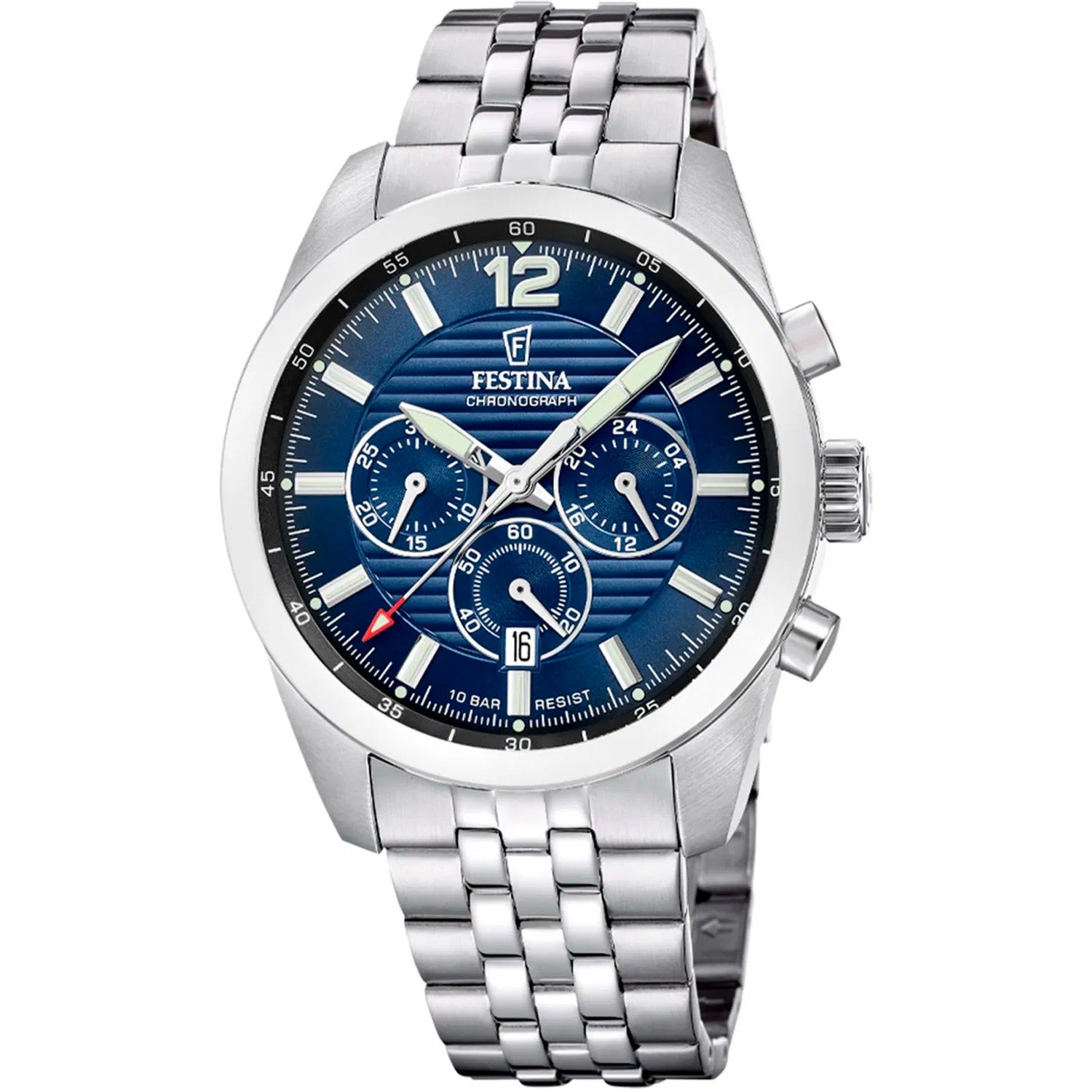 Herren-Chronograph Festina, blaues Chronograph-Zifferblatt mit Edelstahlarmband