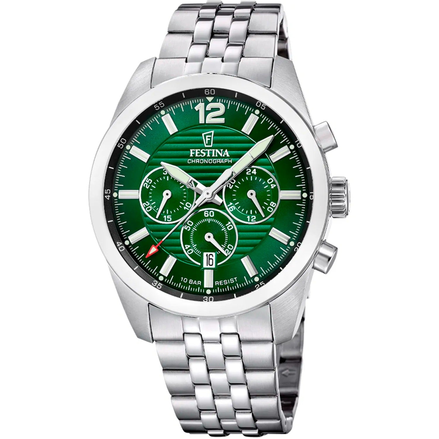 Festina Chronograph-Armbanduhr mit grünem Zifferblatt, Chrono-Subdials und Edelstahlband