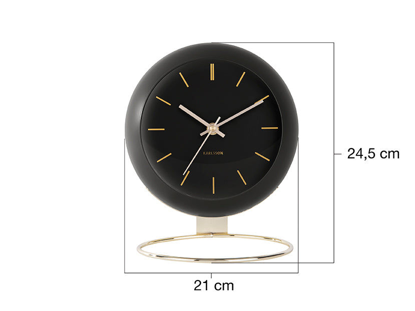 Horloge de table de 21 cm x 24,5 cm, boîtier sphérique noir et anneau de support doré