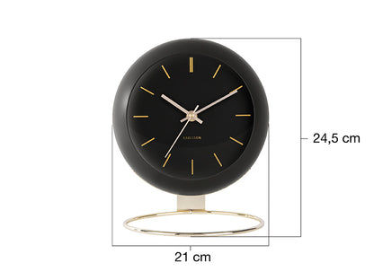 Horloge de table de 21 cm x 24,5 cm, boîtier sphérique noir et anneau de support doré