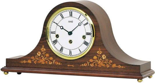 Pendule à poser AMS 21x43 cm bois • Mouvement Westminster 8 jours • Noyer & marqueterie