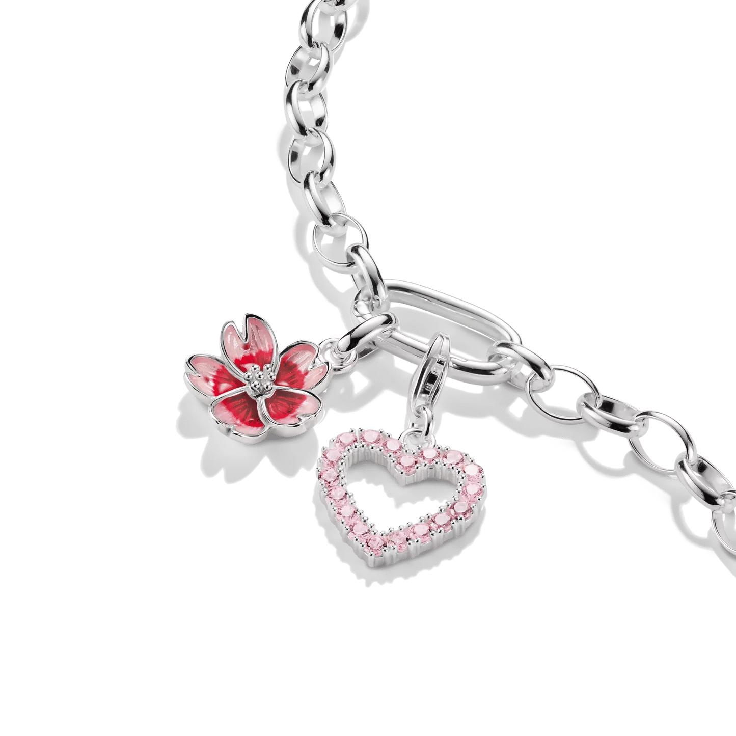 Pendentif charm en argent avec zircons roses en forme de cœur et de fleur