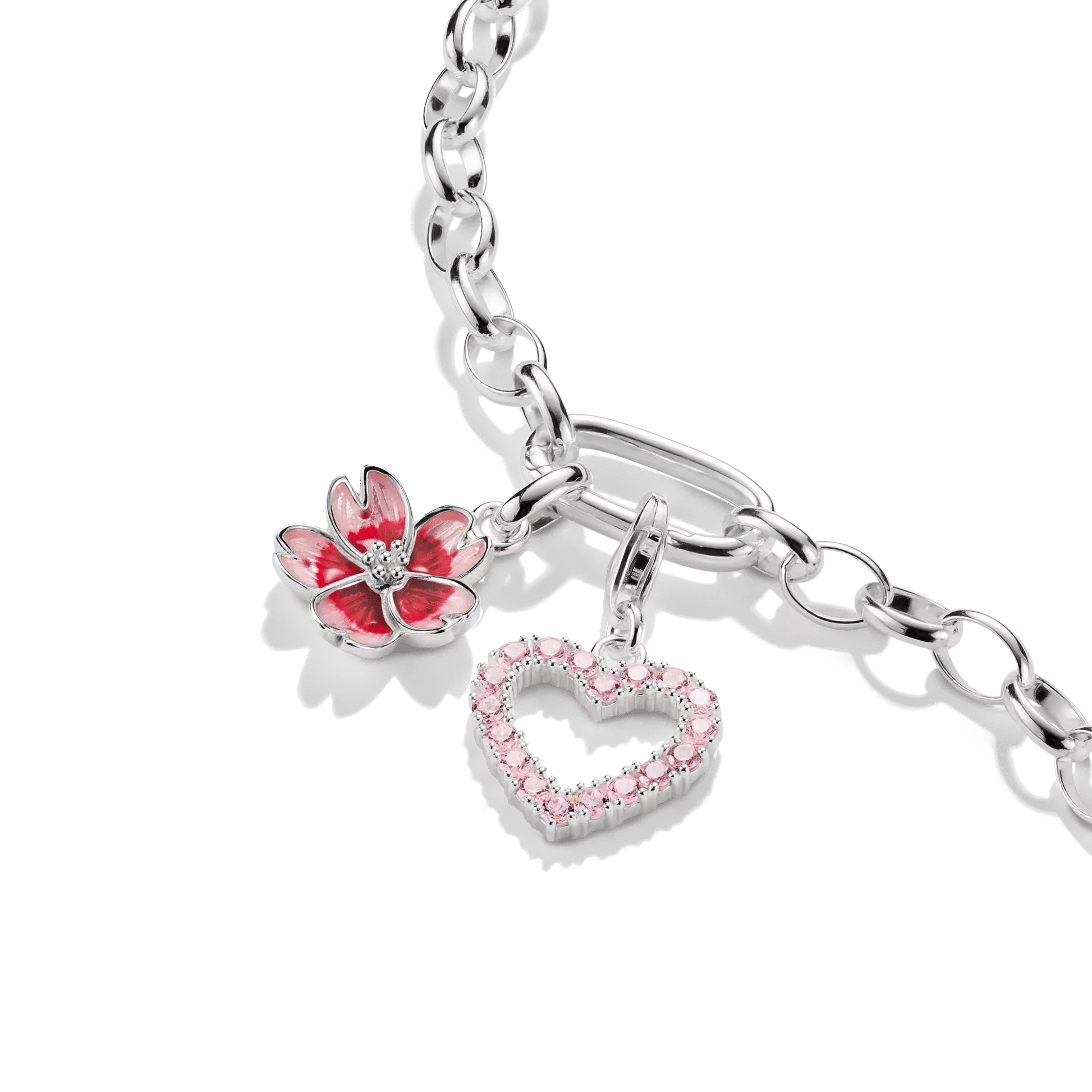 Pendentif charm en argent avec zircons roses en forme de cœur et de fleur