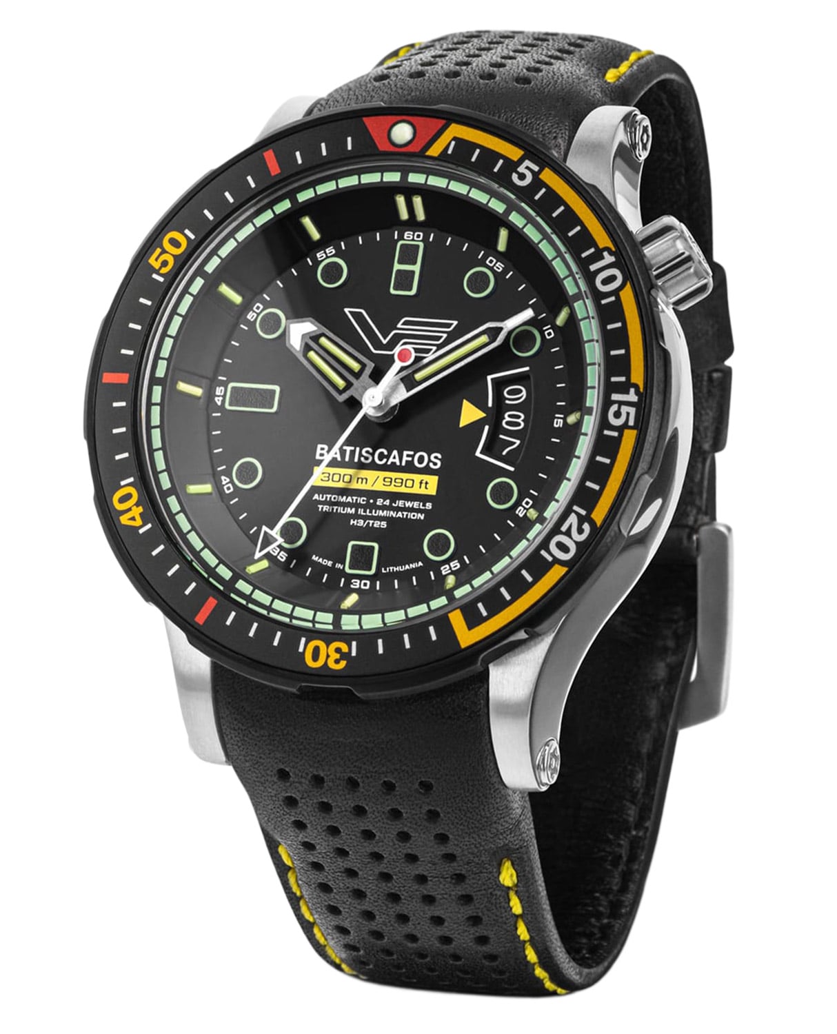 Vostok Europe Batiscafos Herrenuhr mit gelb-schwarzem Kautschukband und schwarzem Zifferblatt