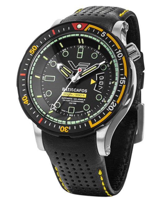 Vostok Europe Batiscafos Herrenuhr mit gelb-schwarzem Kautschukband und schwarzem Zifferblatt