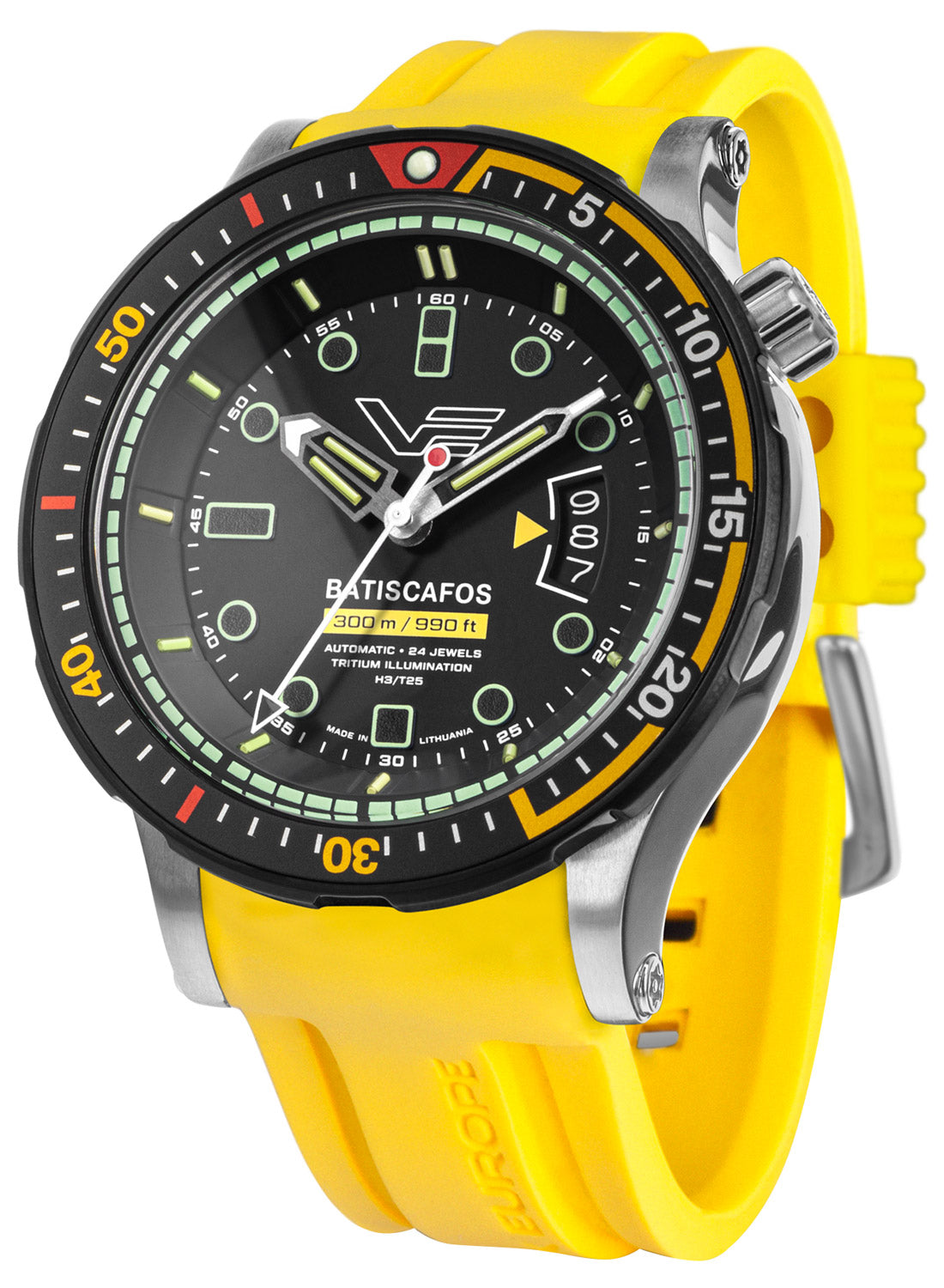 Batiscafos Herrenuhr mit gelbem Silikonarmband, schwarzer Lünette und Zifferblatt