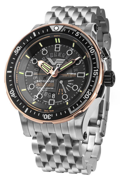 Vostok Europe Batiscafos Hybrid-Armbanduhr, Stahlband, schwarzes Zifferblatt mit Datum