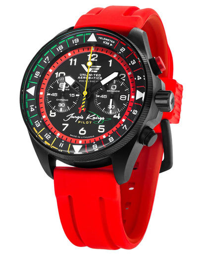 Vostok Europe Herren-Chronograph mit rotem Silikonarmband, schwarzem Gehäuse und Leuchtziffern.