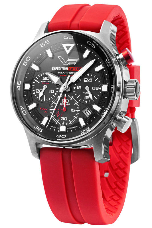 Herren-Chronograph: schwarzes Zifferblatt, rotes Kautschukband, Stahllünette