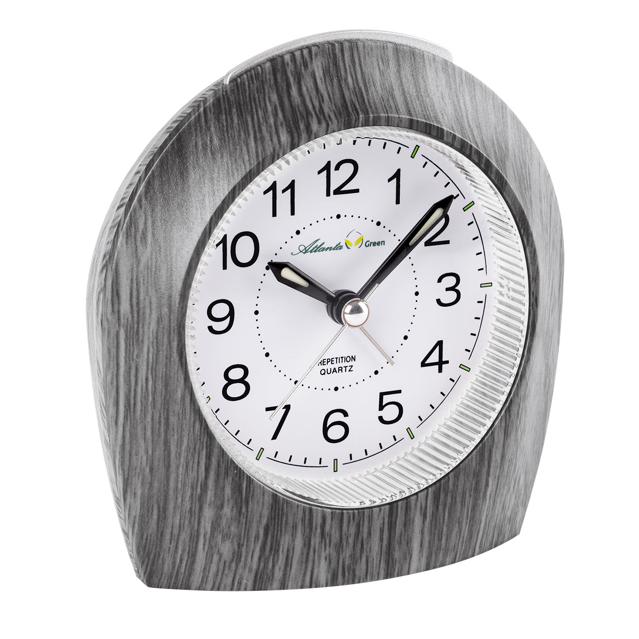 Réveil analogique semi-rond aspect bois gris avec cadran blanc et aiguilles noires