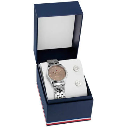 Tommy Hilfiger Damenarmbanduhr: silbernes Metallarmband, rundes beiges Zifferblatt