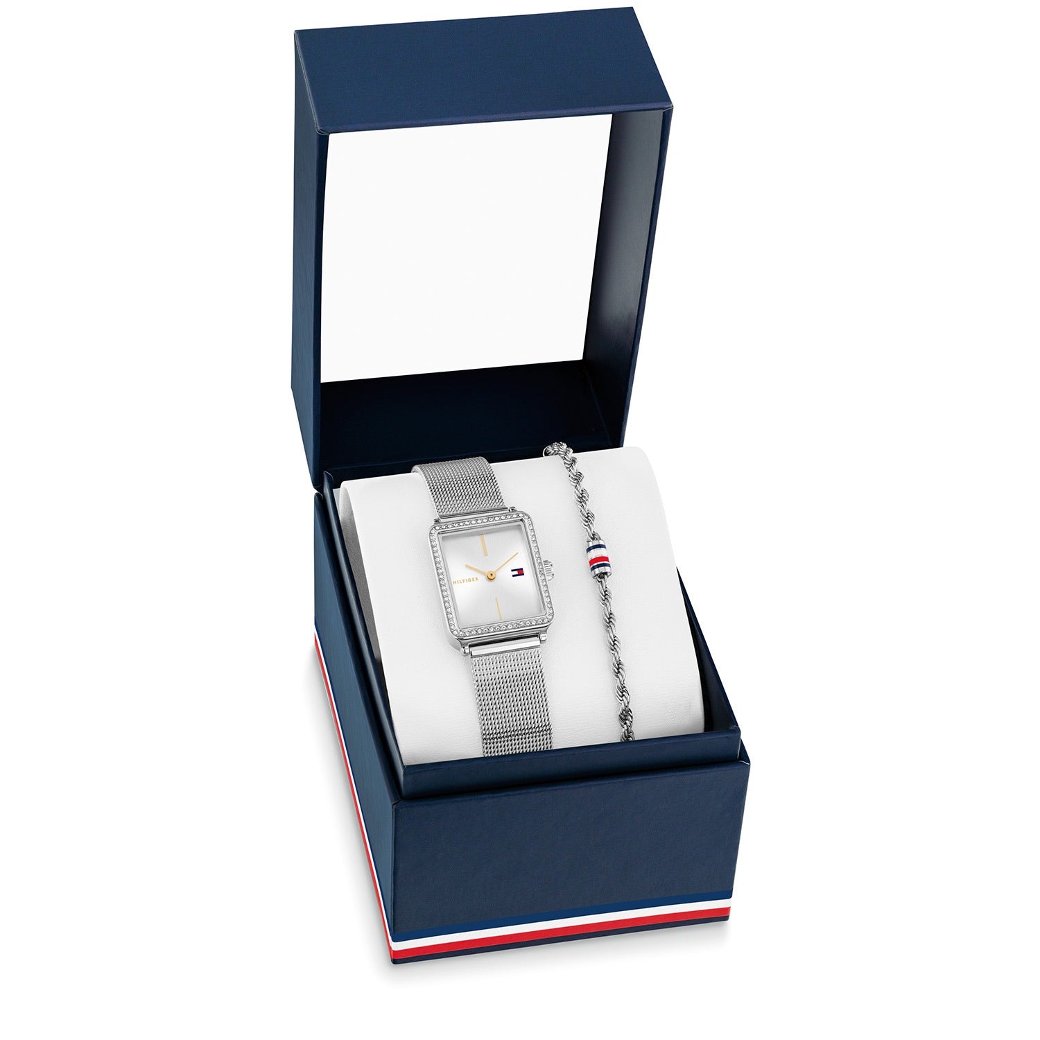 Tommy Hilfiger Damenarmbanduhr mit silbernem Meshband, rechteckigem Gehäuse, im Etui