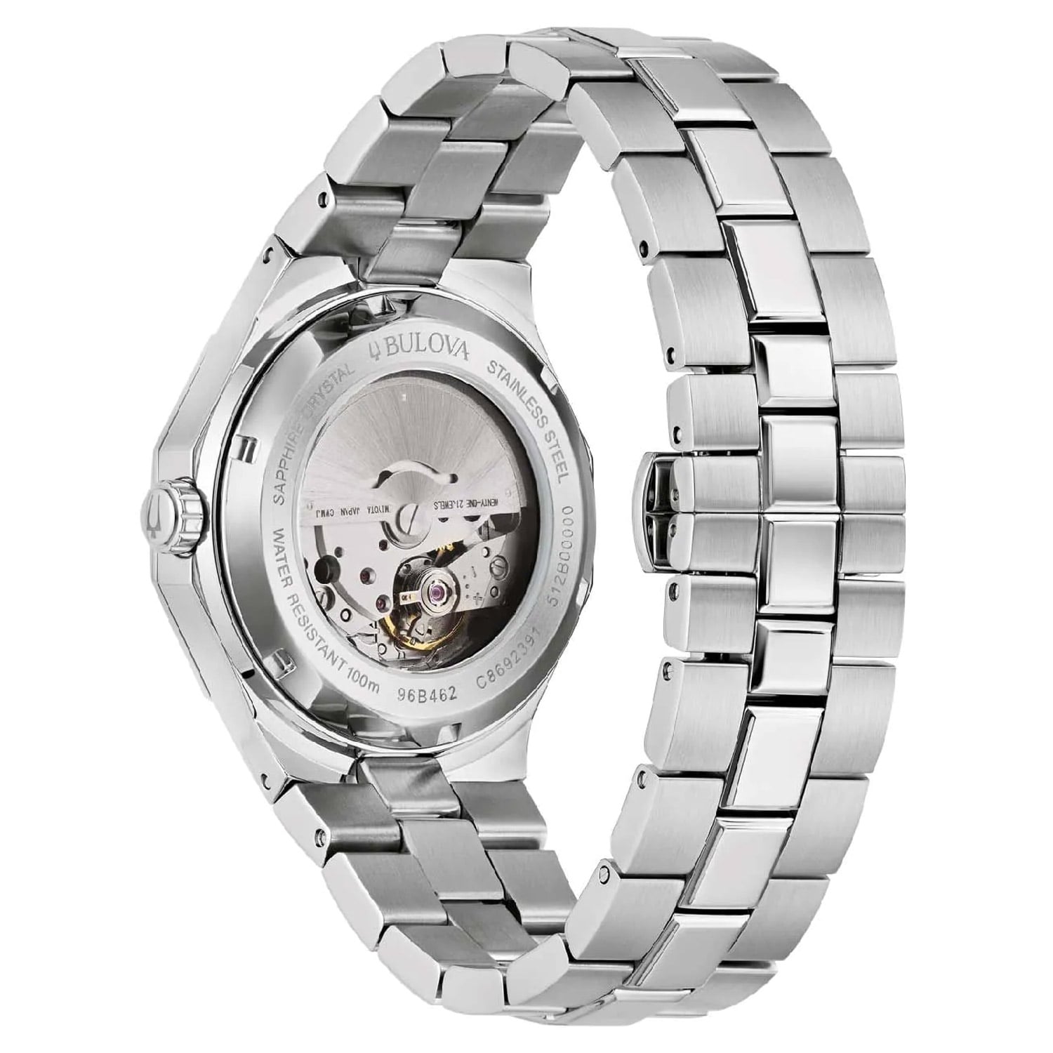 Herrenuhr mit Blick auf Gehäuseboden und Metallarmband