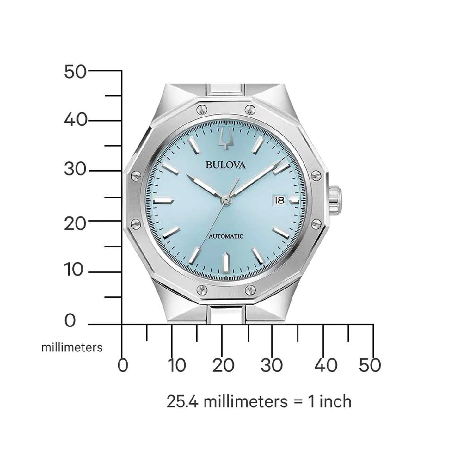 Herrenuhr mit hellblauem Zifferblatt und Maßangaben in Millimetern