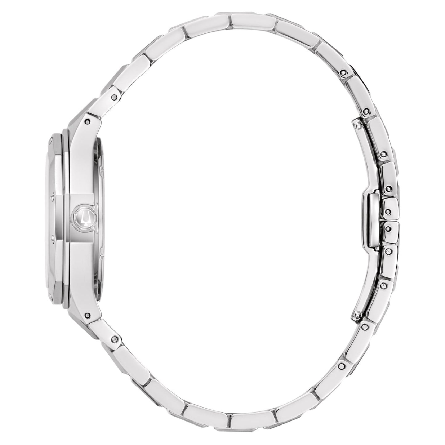Damenarmbanduhr Bulova, seitliche Ansicht mit Edelstahlarmband und Kronenseite