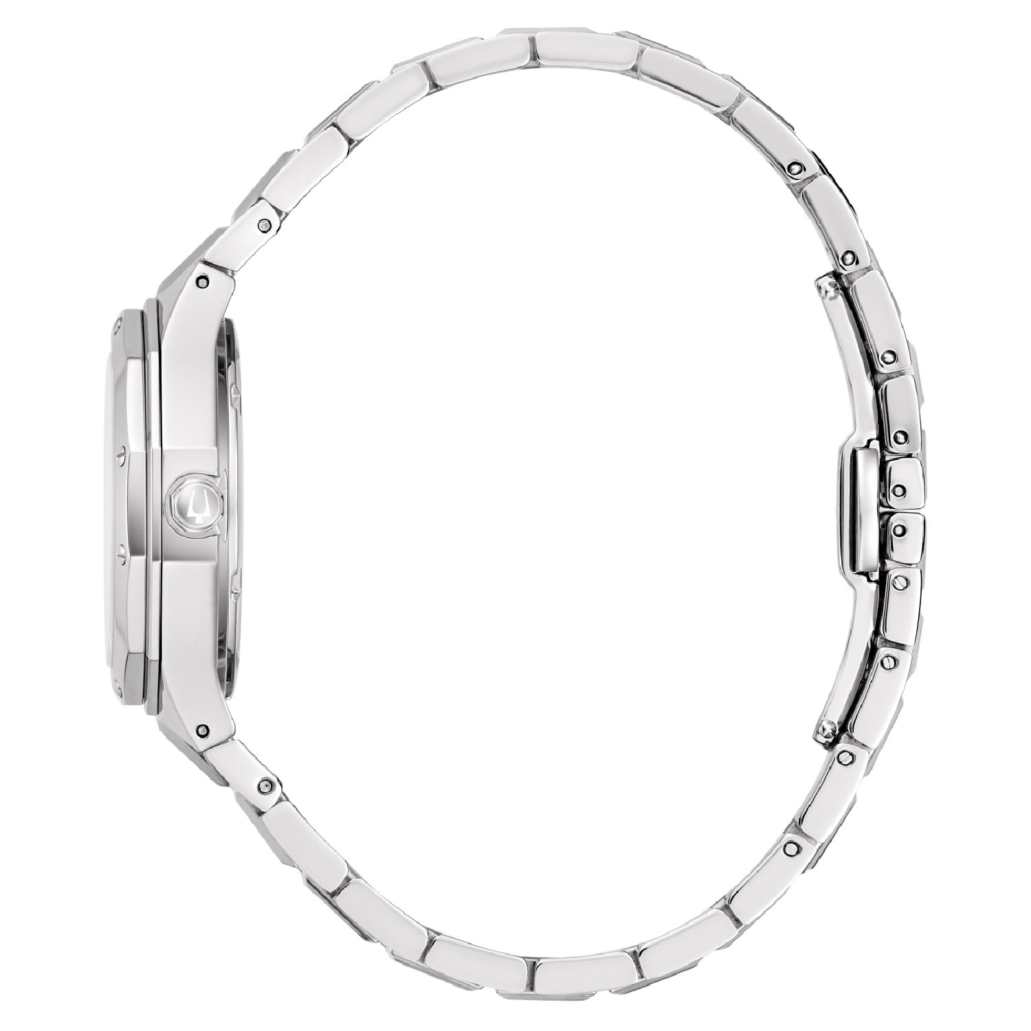 Damenarmbanduhr Bulova, seitliche Ansicht mit Edelstahlarmband und Kronenseite